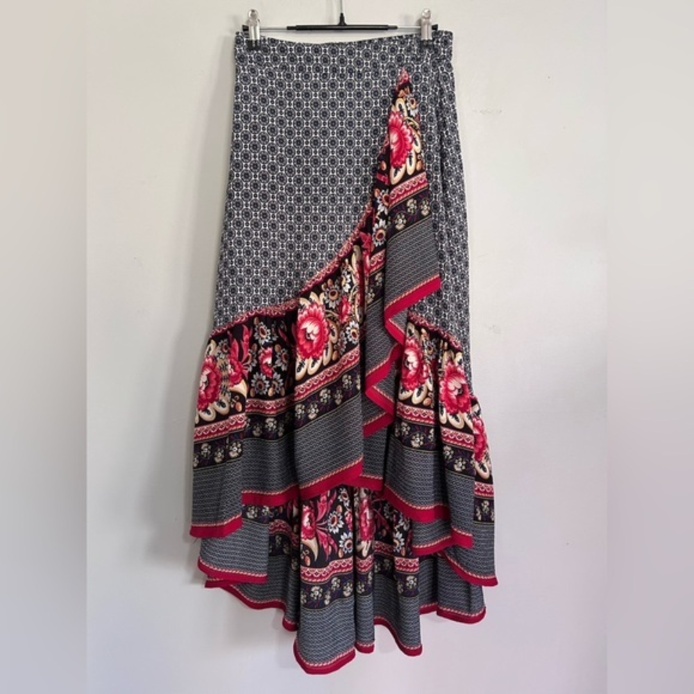 The Pyramid Collection Boho Floral High Low Ruffle Maxi Skirt XS Cottagecore
